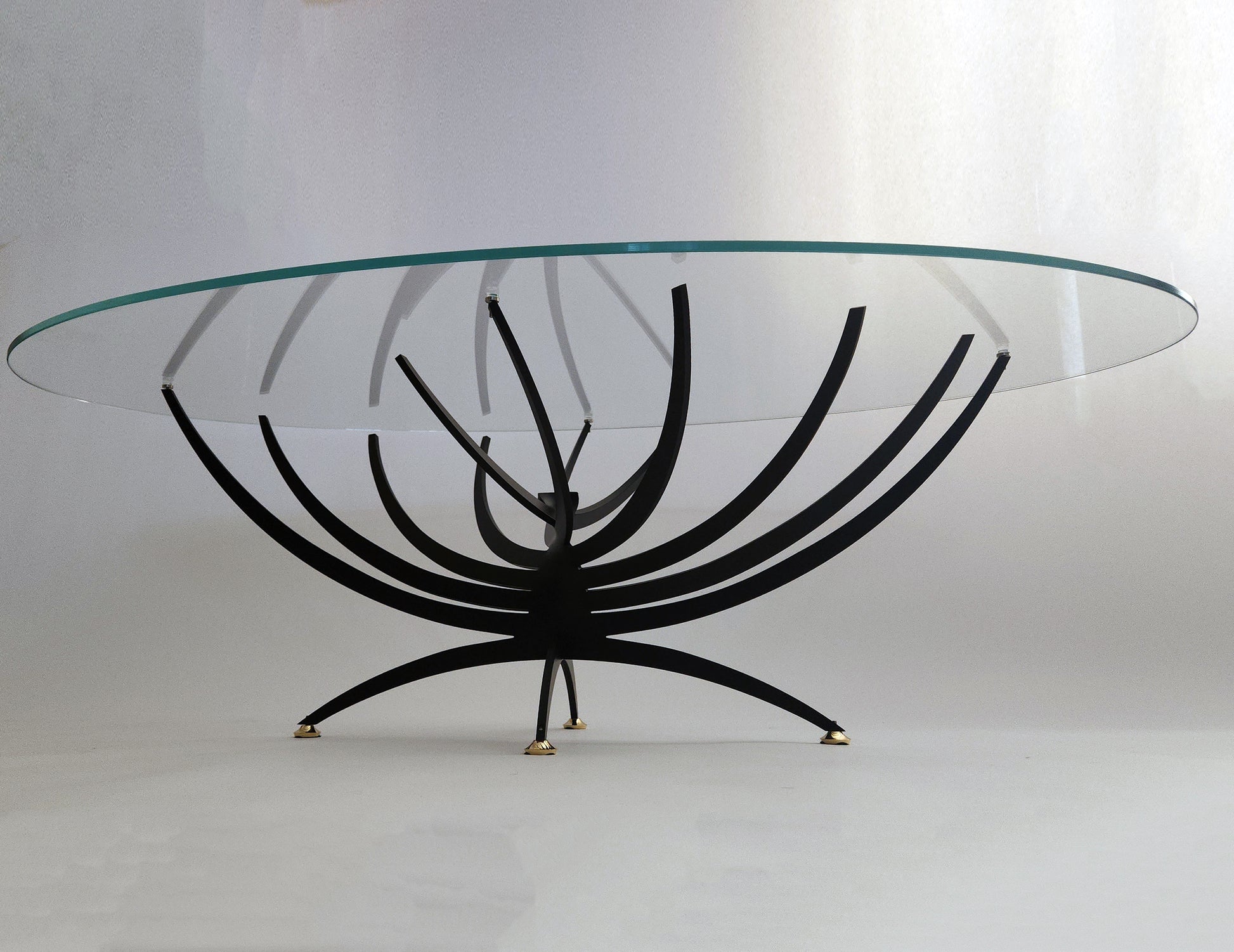 Serge Mouille Twisted Table with glass top and metal base painted in black aluminum - bottom view