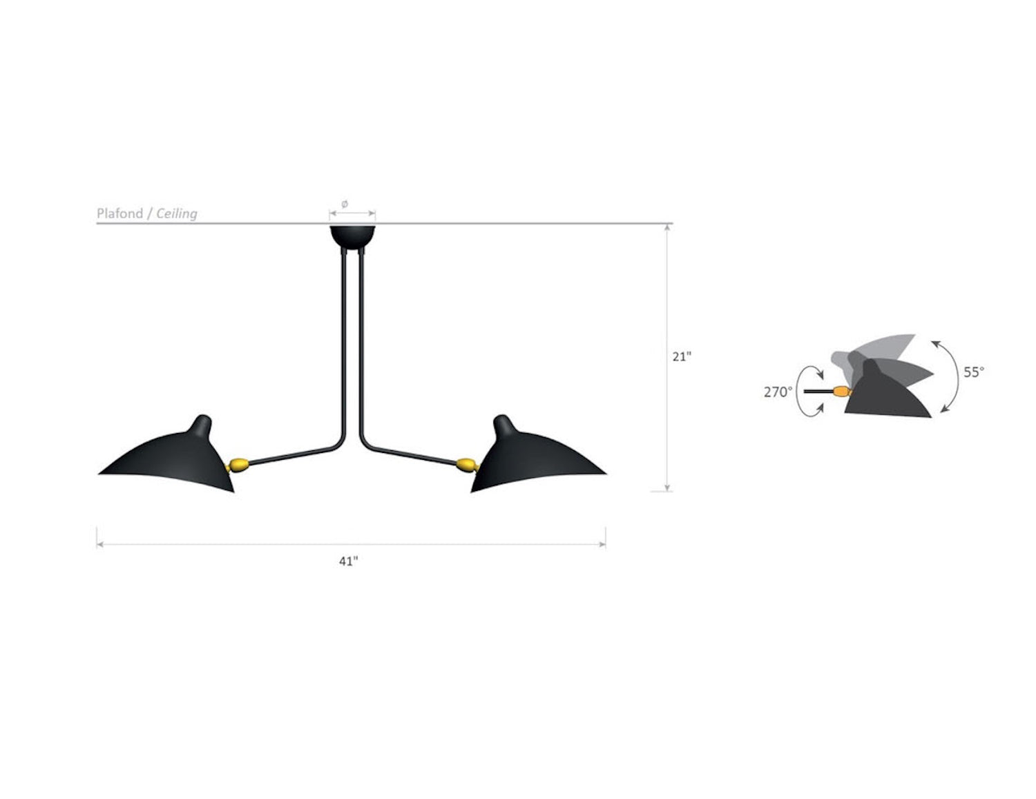 Serge Mouille Ceiling Lamp with 2 Arms - Dimensions