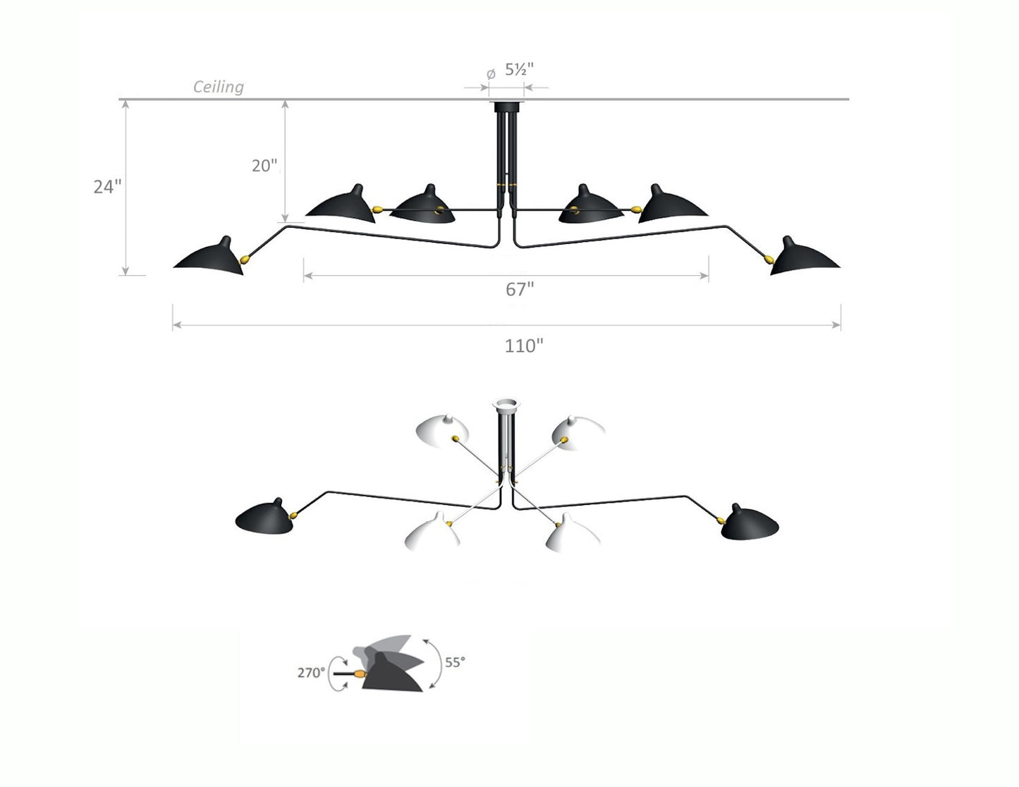 Serge Mouille Ceiling Lamp 6 Arms – Black and White - Dimensions