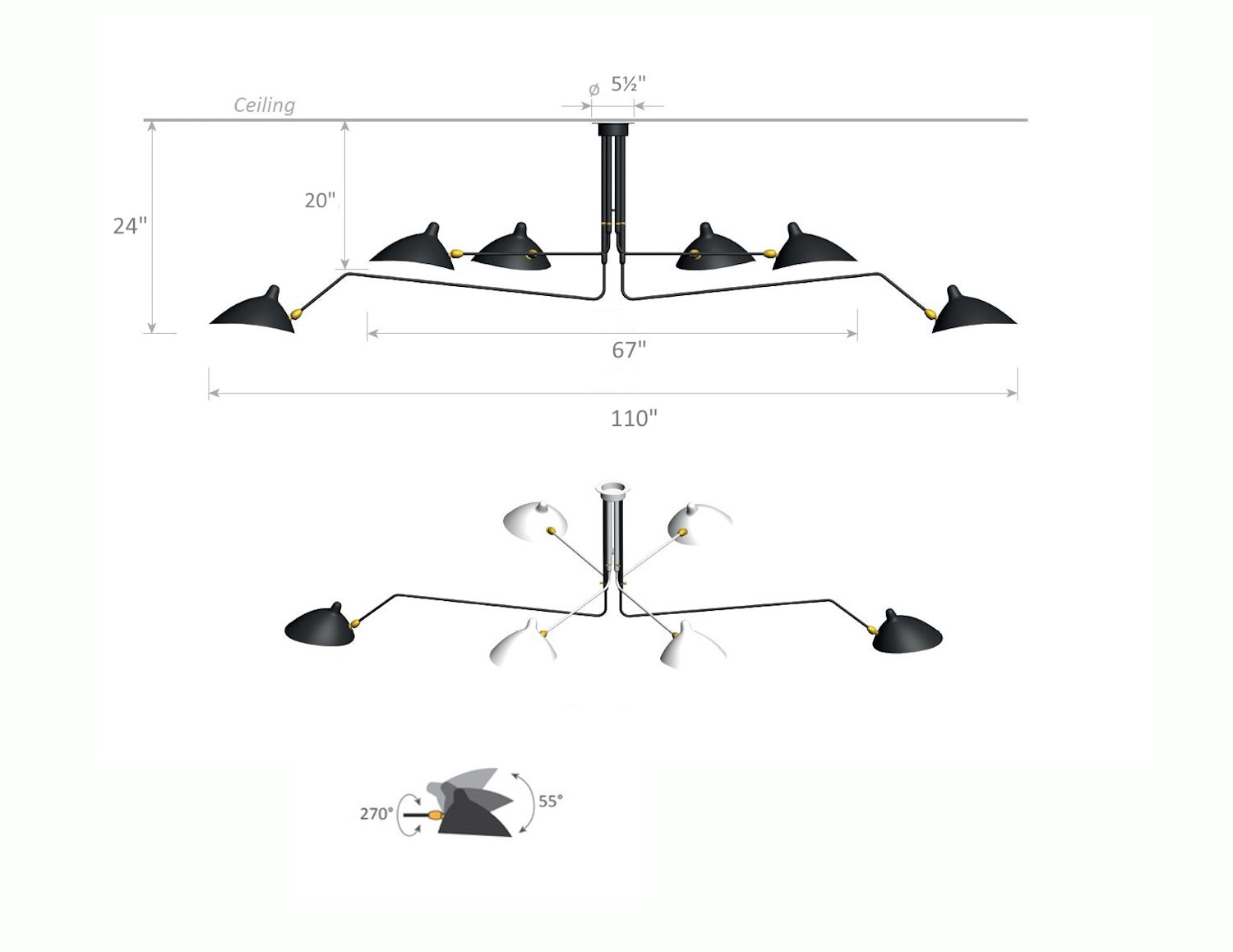 Serge Mouille Ceiling Lamp 6 Arms – Black and White - Dimensions