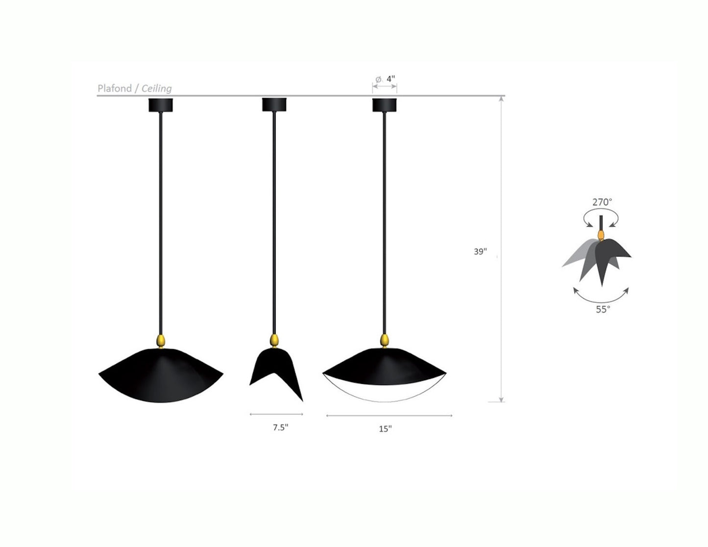 Serge Mouille Library Ceiling Lamp - Dimensions