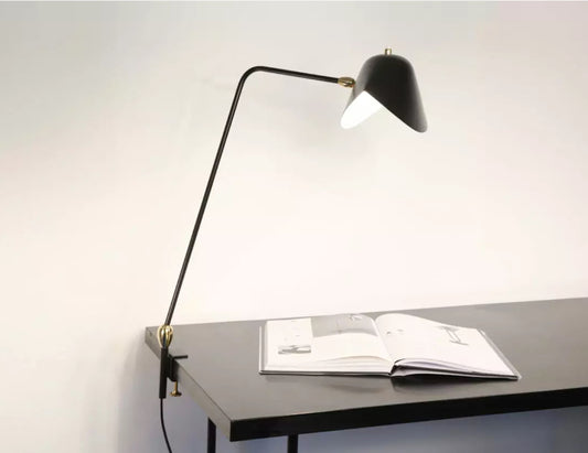 Black Serge Mouille Agrafee Desk Lamp with double Swivel clamped to a desk - SergeMouilleUSA
