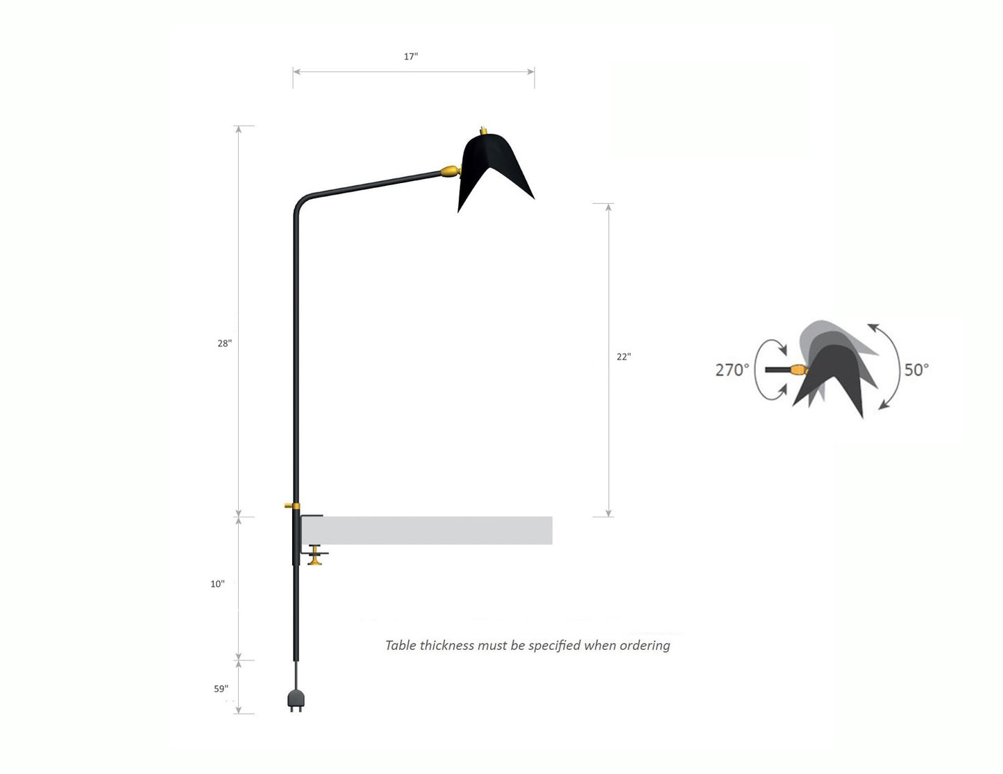 Serge Mouille Agrafee Desk Lamp - Dimensions