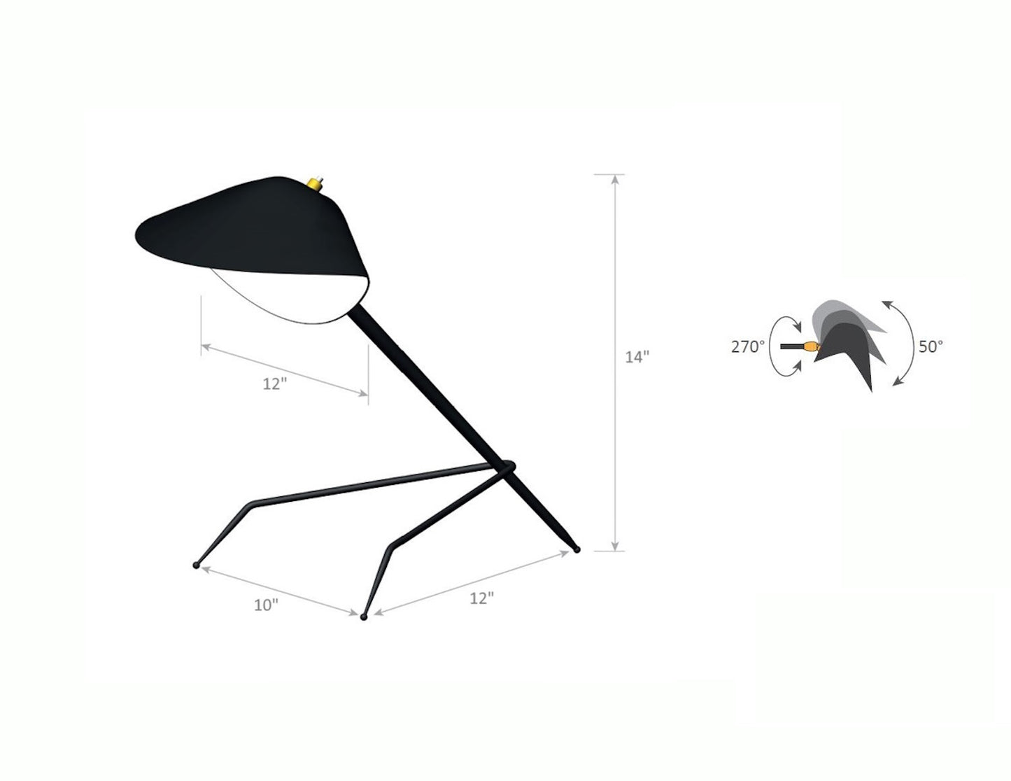 Serge Mouille Tripod Desk Lamp - Dimensions