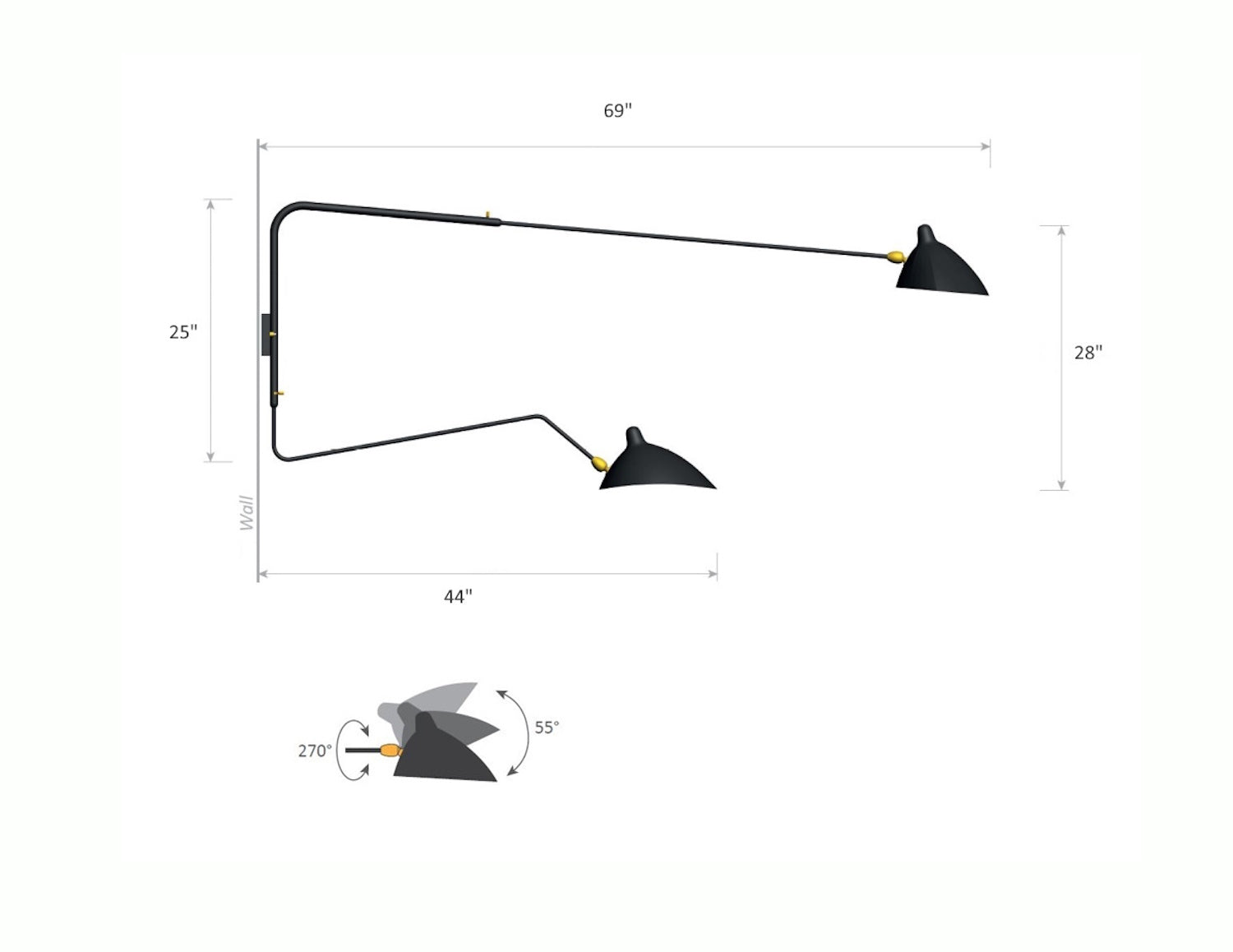 Serge Mouille Rotating Sconce 2 Arms 1 Curved Arm - Dimensions