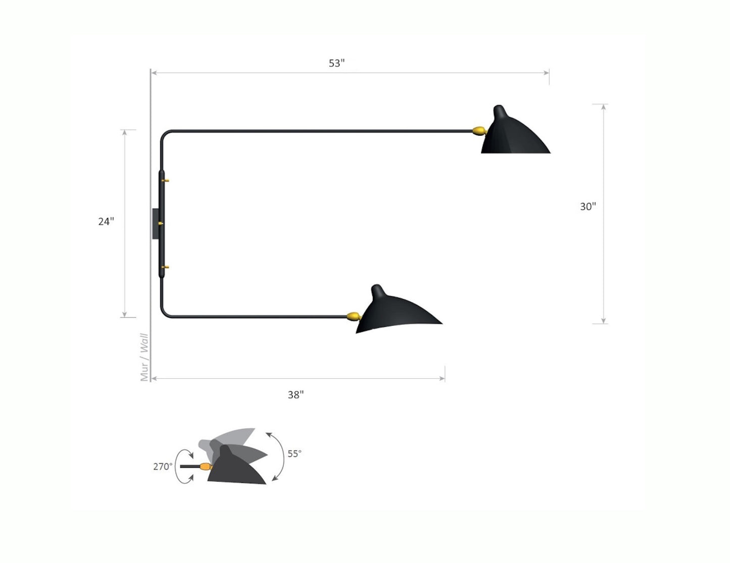 Serge Mouille Rotating Sconce with 2 Straight Arms - Dimensions