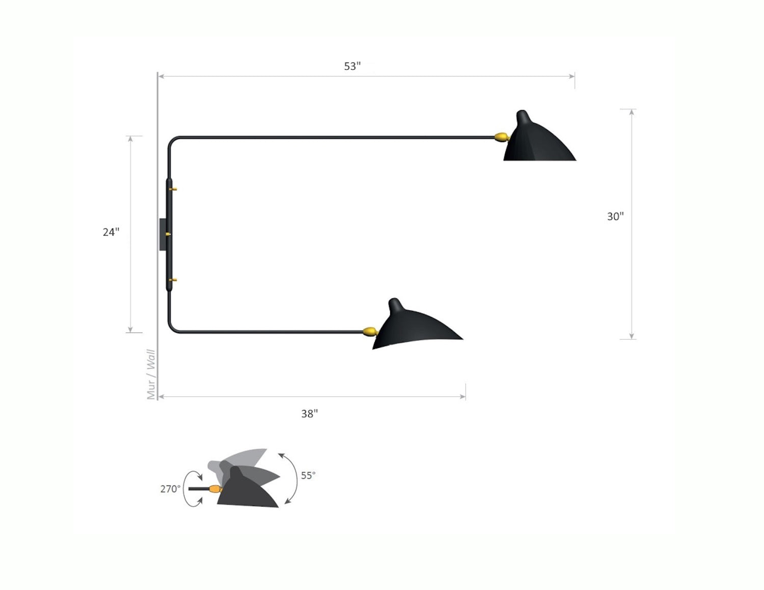 Serge Mouille Rotating Sconce with 2 Straight Arms - Dimensions