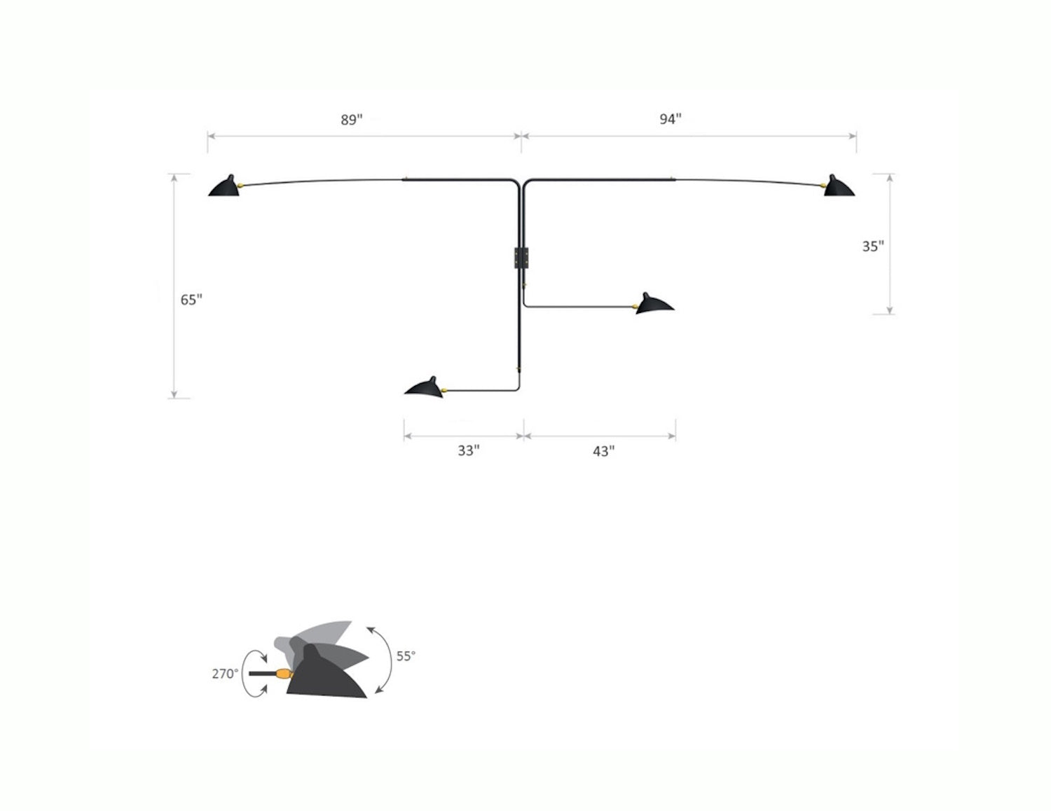 Serge Mouille Rotating Sconce with 4 Arms - Dimensions