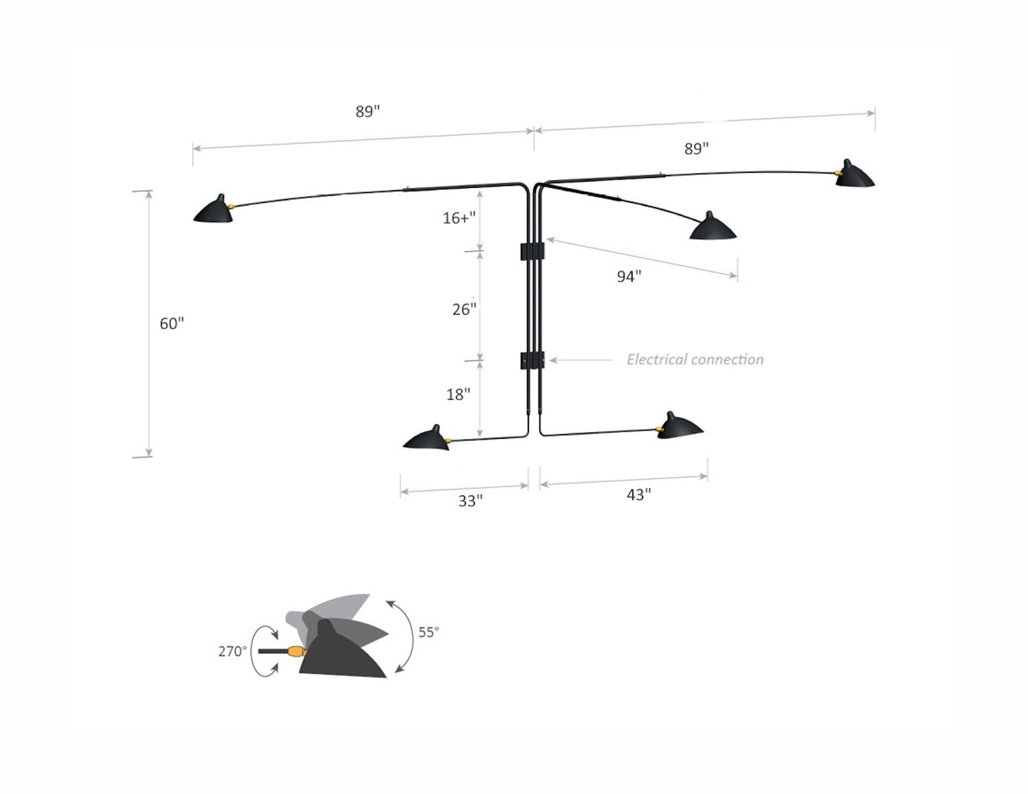 Serge Mouille Rotating Sconce with 5 Arms - Dimensions