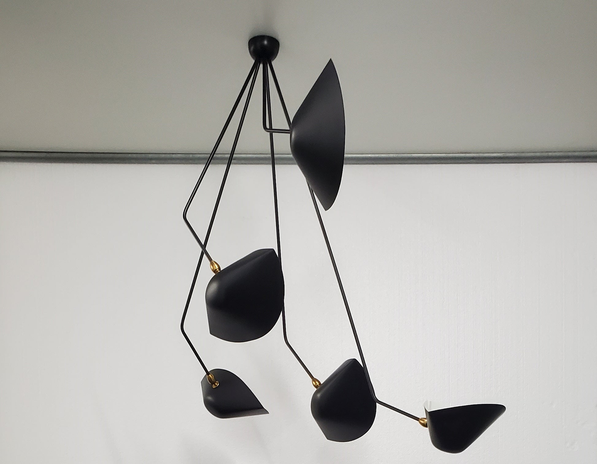 Black Serge Mouille Spider Ceiling Lamp with 5 Falling Arms - Shades facing to the right