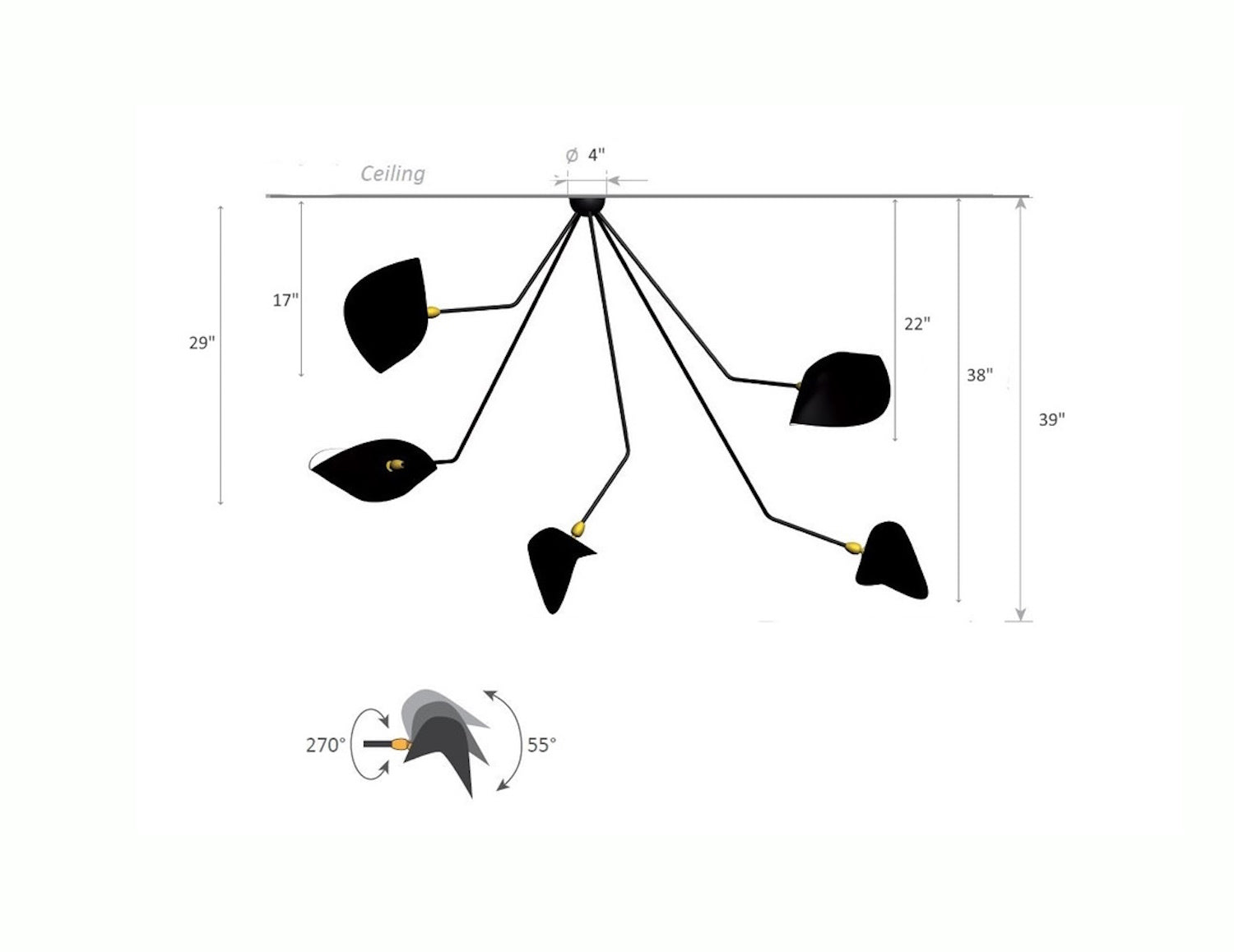 Serge Mouille Spider Ceiling Lamp with 5 Falling Arms - Dimensions