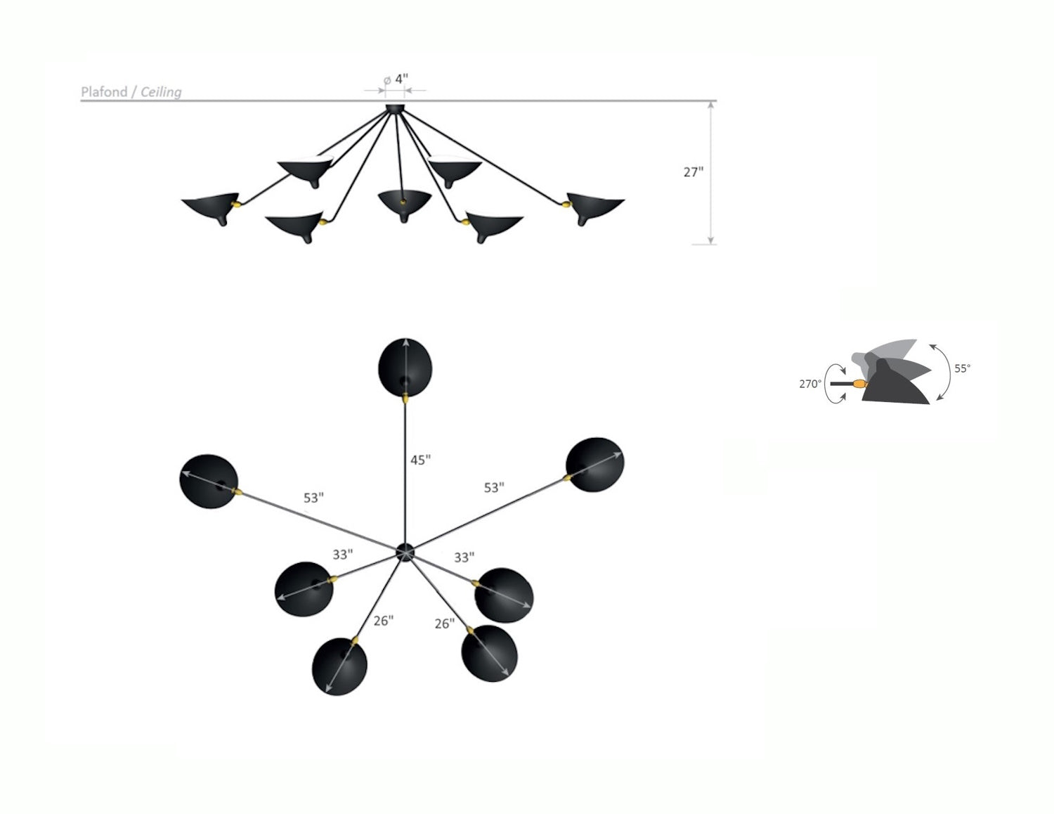 Serge Mouille Spider Ceiling Lamp 7 Arms - Dimensions