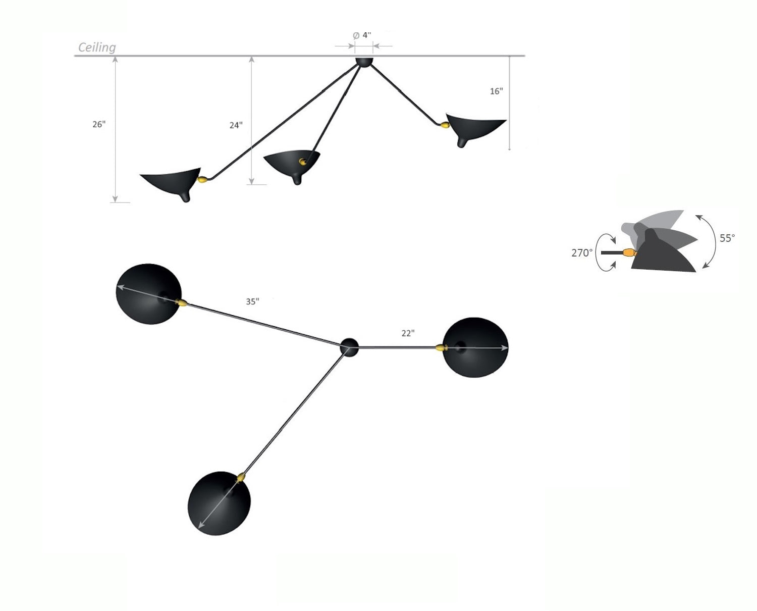 Serge Mouille Spider Ceiling Lamp with 3 Arms - Dimensions