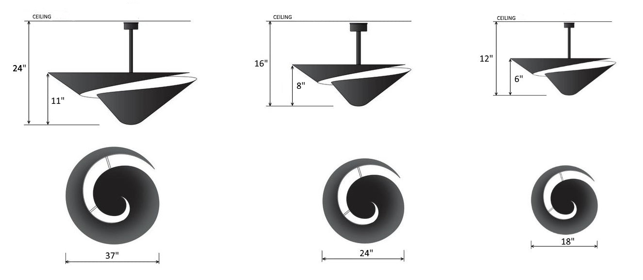 Serge Mouille Snail Ceiling Lamp - Dimensions of 3 models