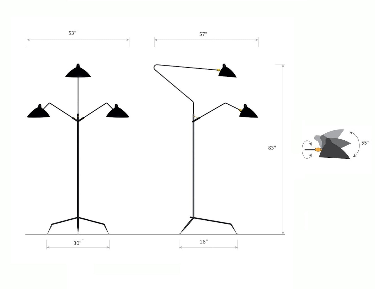 Serge Mouille Floor Lamp with 3 Arms - Dimensions