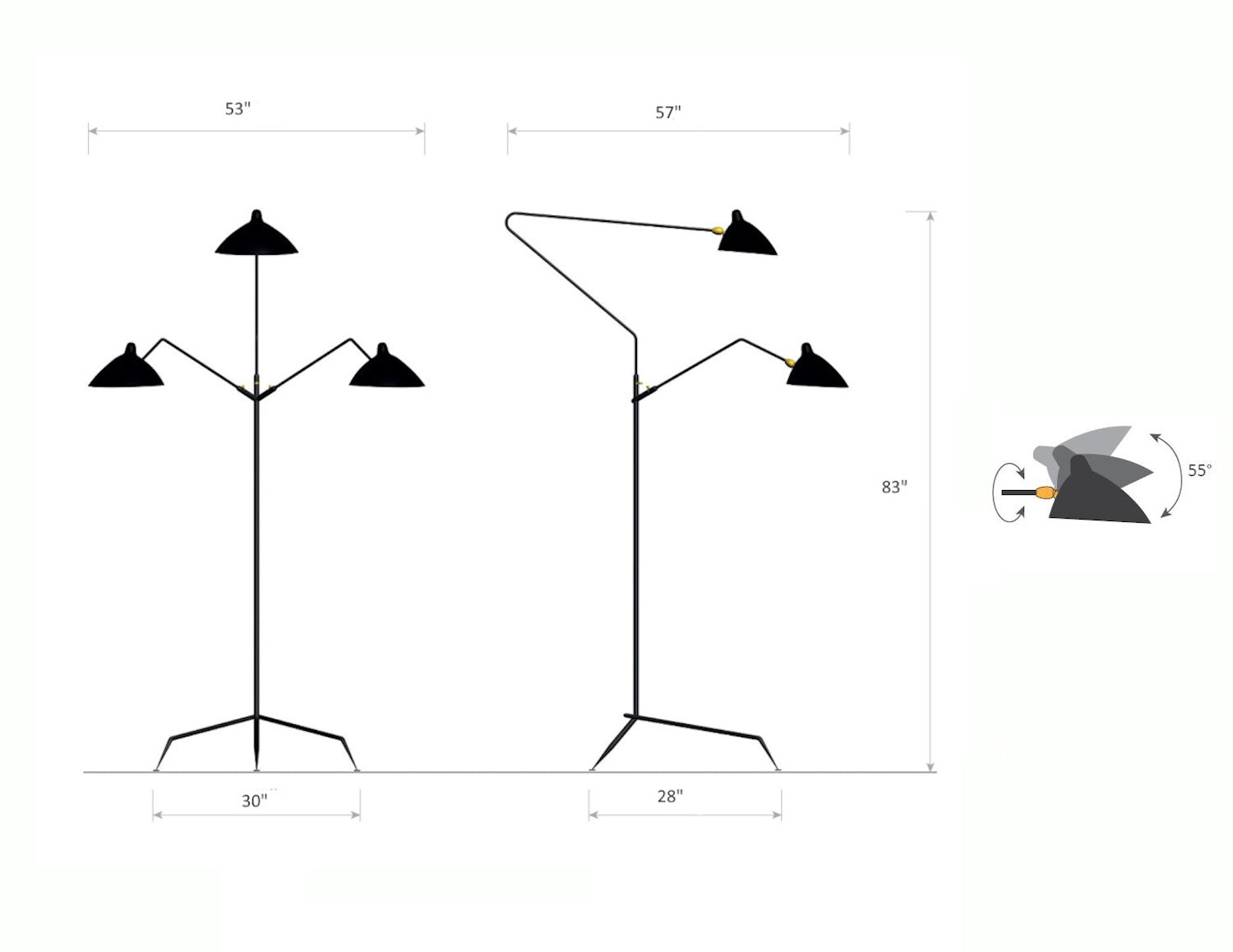Serge Mouille Floor Lamp with 3 Arms - Dimensions