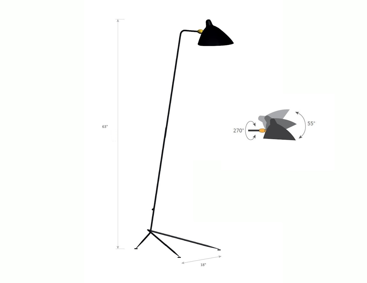 Serge Mouille Floor Lamp with 1 Arm - Dimensions