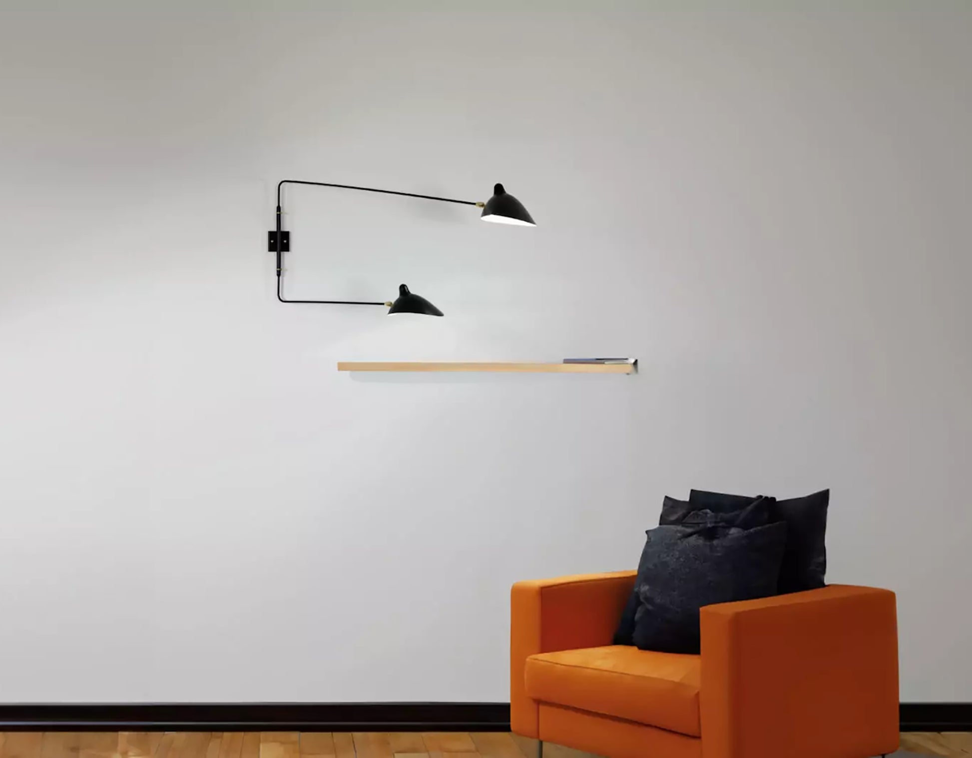 Black Serge Mouille Rotating Sconce with 2 Straight Arms above a sofa