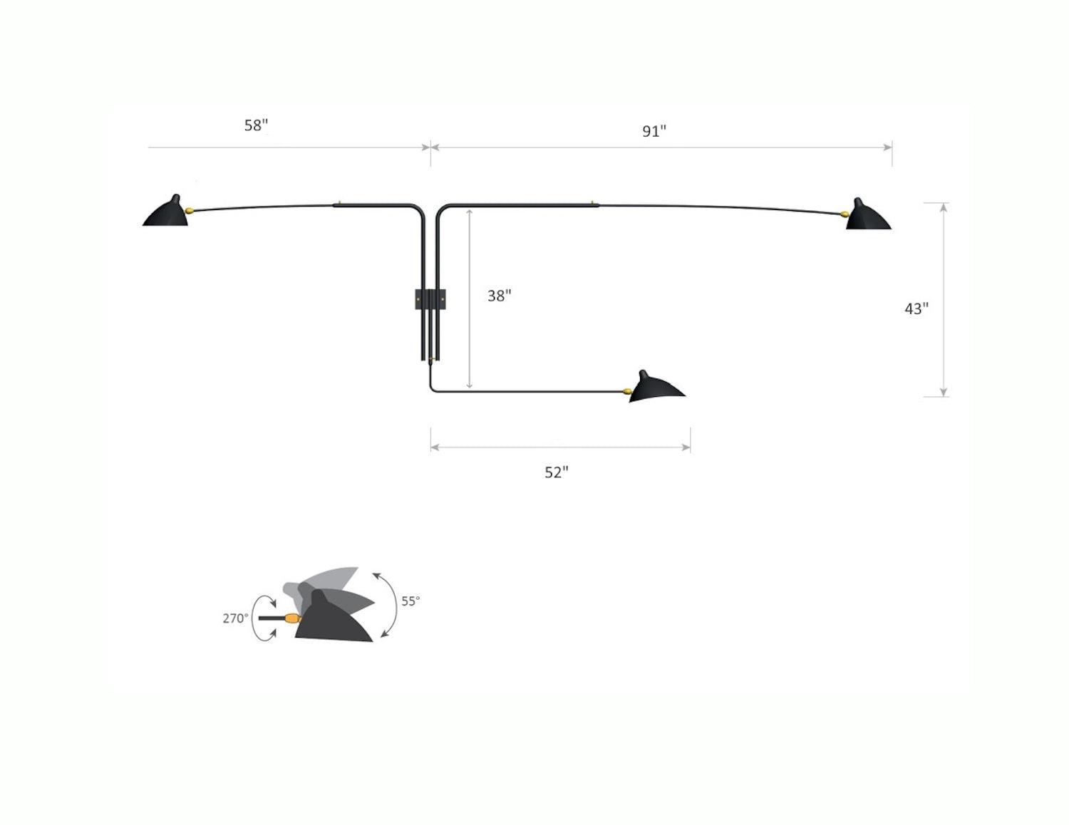 Serge Mouille Rotating Sconce with 3 Arms - Dimensions