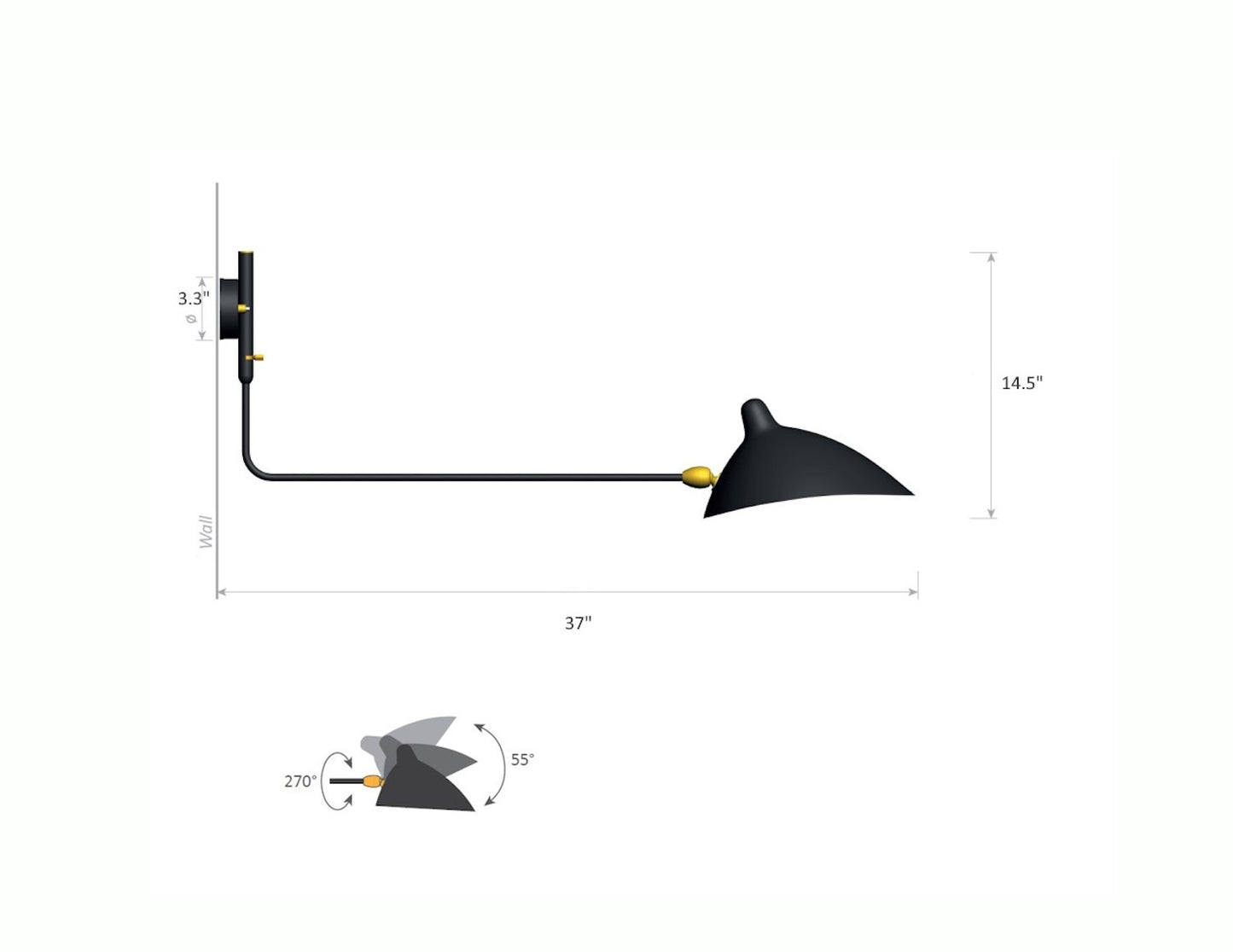 Serge Mouille Rotating Sconce with 1 Straight Arm - Dimensions