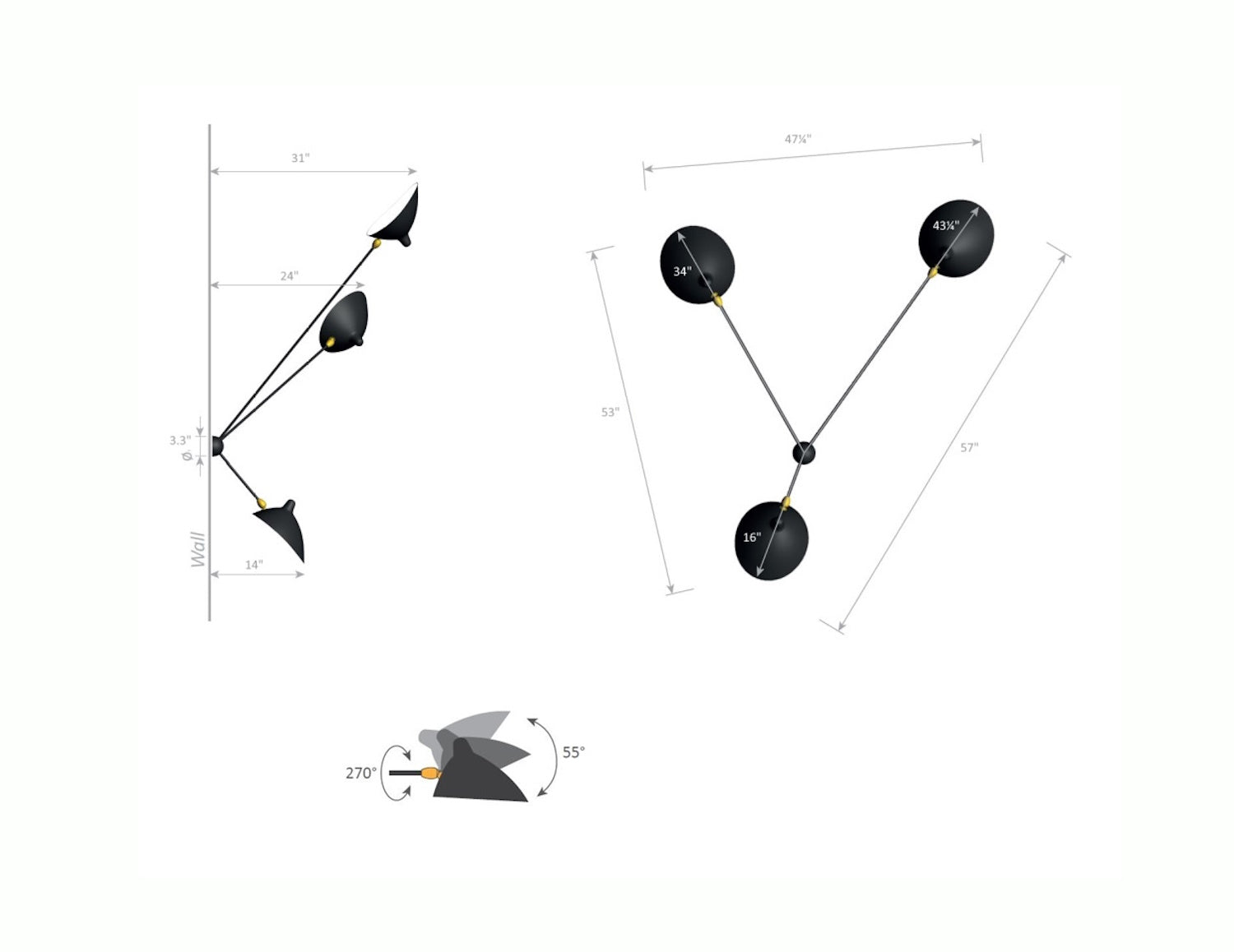 Serge Mouille Spider Sconce with 3 Arms - Dimensions