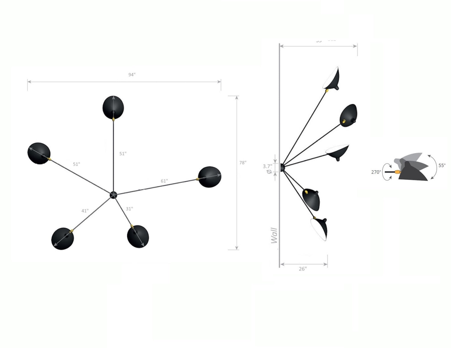 Serge Mouille White Spider Sconce with 5 Arms - dimensions