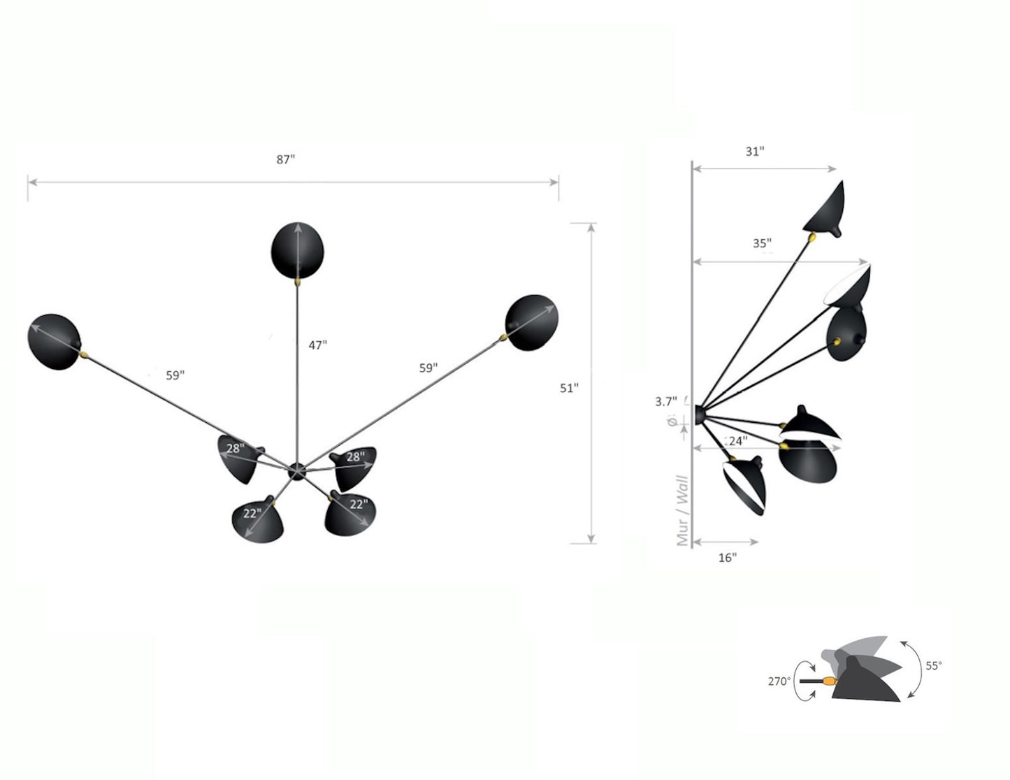 Serge Mouille Spider Sconce with 7 Arms - Dimensions