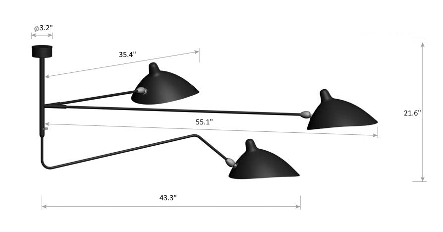Serge Mouille Ceiling Lamp 2 Fixed Arms 1 Rotating Curved Arm