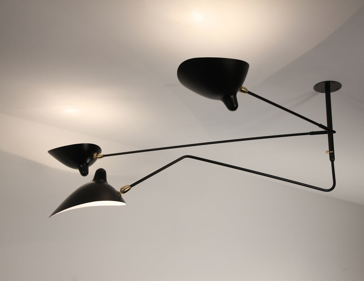 Serge Mouille Ceiling Lamp 2 Fixed Arms 1 Rotating Curved Arm
